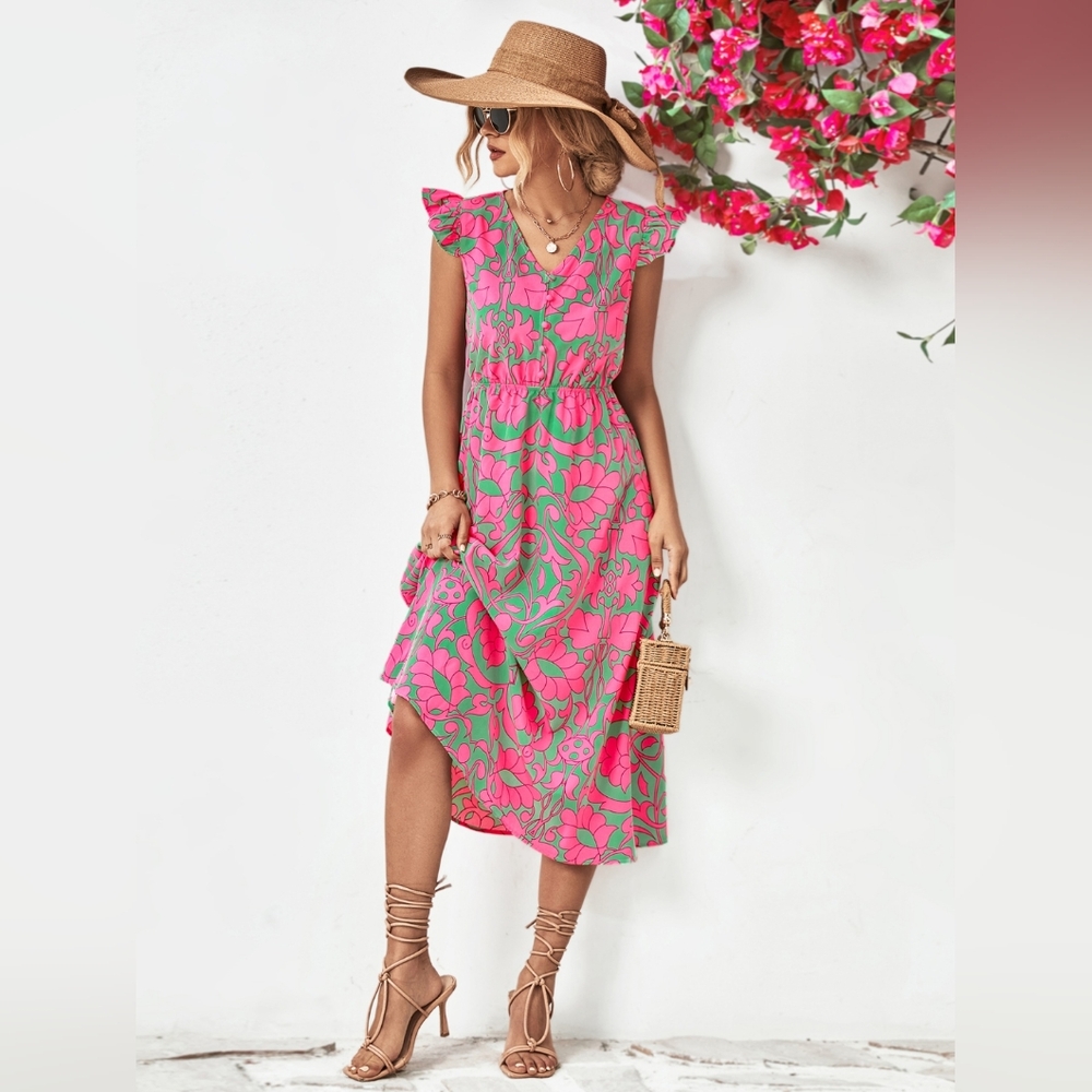 Floral V-Neck Cap Sleeve Dress - Picture 3 of 9